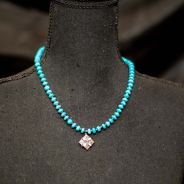 Turquoise, Sterling Silver and Diamond Square Pendant Necklace