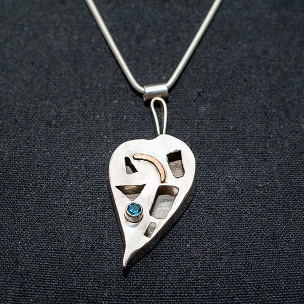 Sterling Silver 3D Leaf Necklace with 18K Gold and Blue Topaz