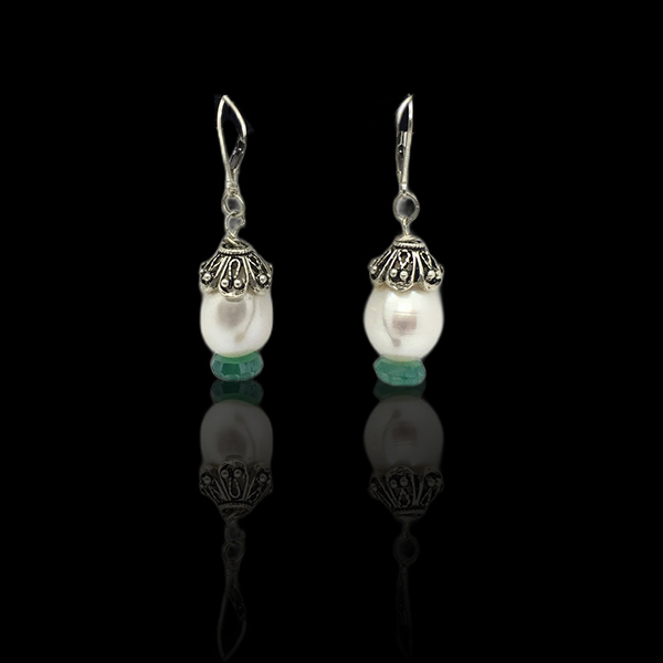 Sterling Silver, Green Onyx And Pearl Earrings